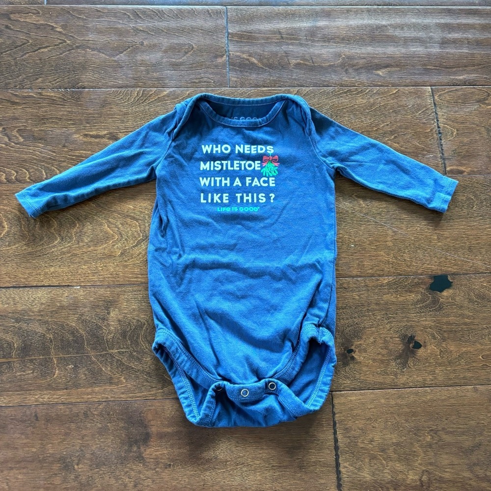 Life Is Good Boys 6-12 Months Christmas Mistletoe Bodysuit Blue Green‎